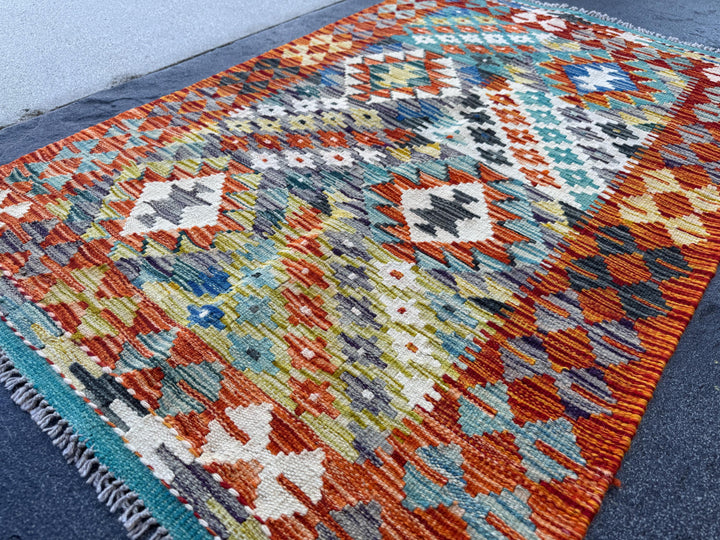 3x4 Handmade Afghan Kilim Rug | Burnt Orange Cream White Mustard Yellow Olive Green Teal Aqua Blue Navy Black Grey| Wool Flatwoven