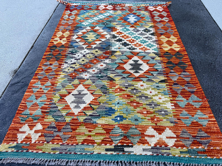 3x4 Handmade Afghan Kilim Rug | Burnt Orange Cream White Mustard Yellow Olive Green Teal Aqua Blue Navy Black Grey| Wool Flatwoven