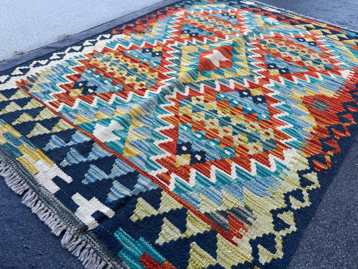 3x4 Handmade Afghan Kilim Rug | Navy Blue Rust Red Burnt Orange Cream White Mustard Yellow Olive Green Teal Aqua Grey | Wool Flatwoven