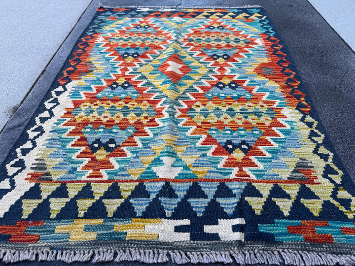 3x4 Handmade Afghan Kilim Rug | Navy Blue Rust Red Burnt Orange Cream White Mustard Yellow Olive Green Teal Aqua Grey | Wool Flatwoven