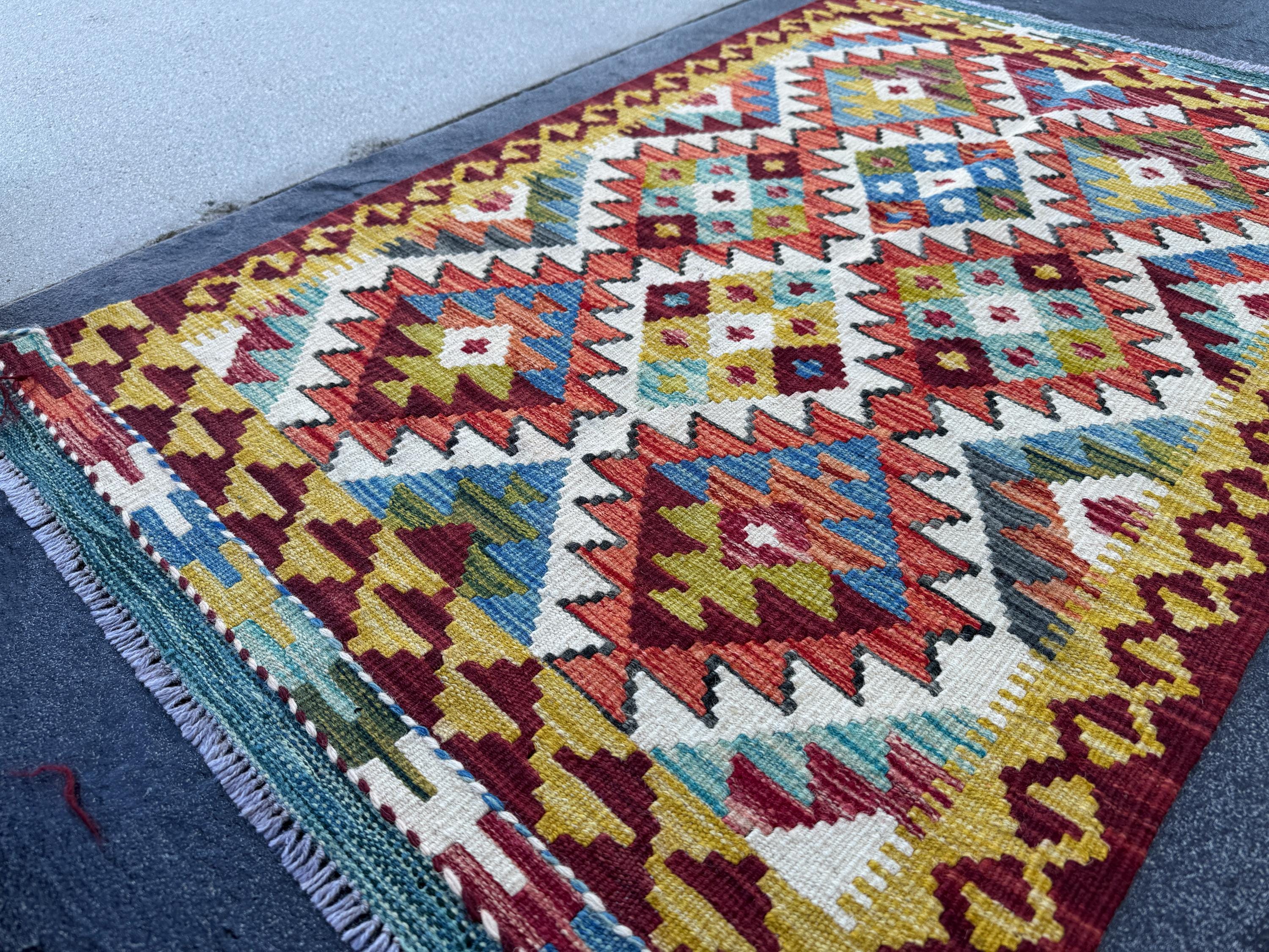 3x4 Handmade Afghan Kilim Rug | Burgundy Red Mustard Yellow Cream White Olive Green Teal Aqua Blue Rust Orange Navy Grey | Wool Flatwoven
