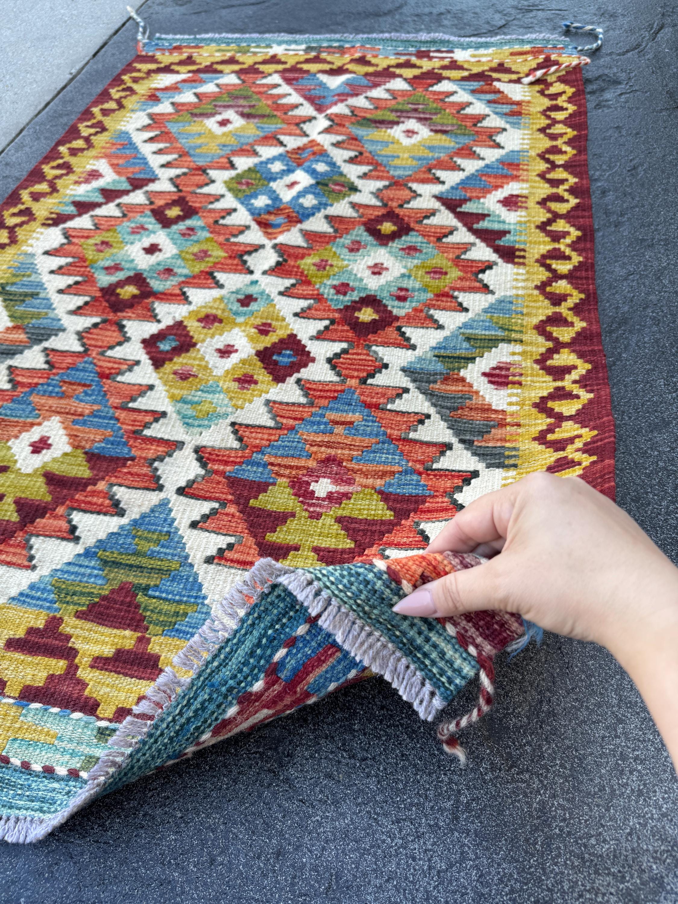 3x4 Handmade Afghan Kilim Rug | Burgundy Red Mustard Yellow Cream White Olive Green Teal Aqua Blue Rust Orange Navy Grey | Wool Flatwoven