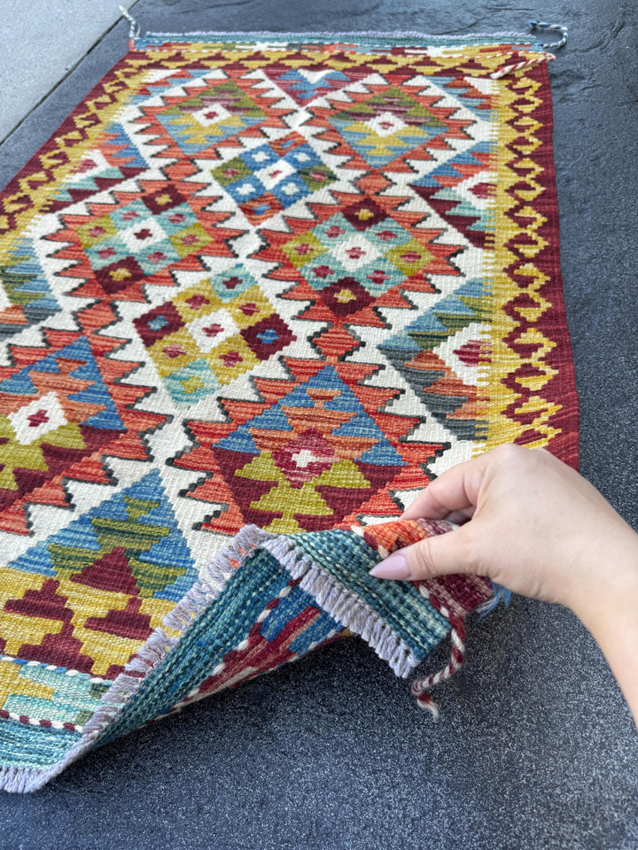 3x4 Handmade Afghan Kilim Rug | Burgundy Red Mustard Yellow Cream White Olive Green Teal Aqua Blue Rust Orange Navy Grey | Wool Flatwoven