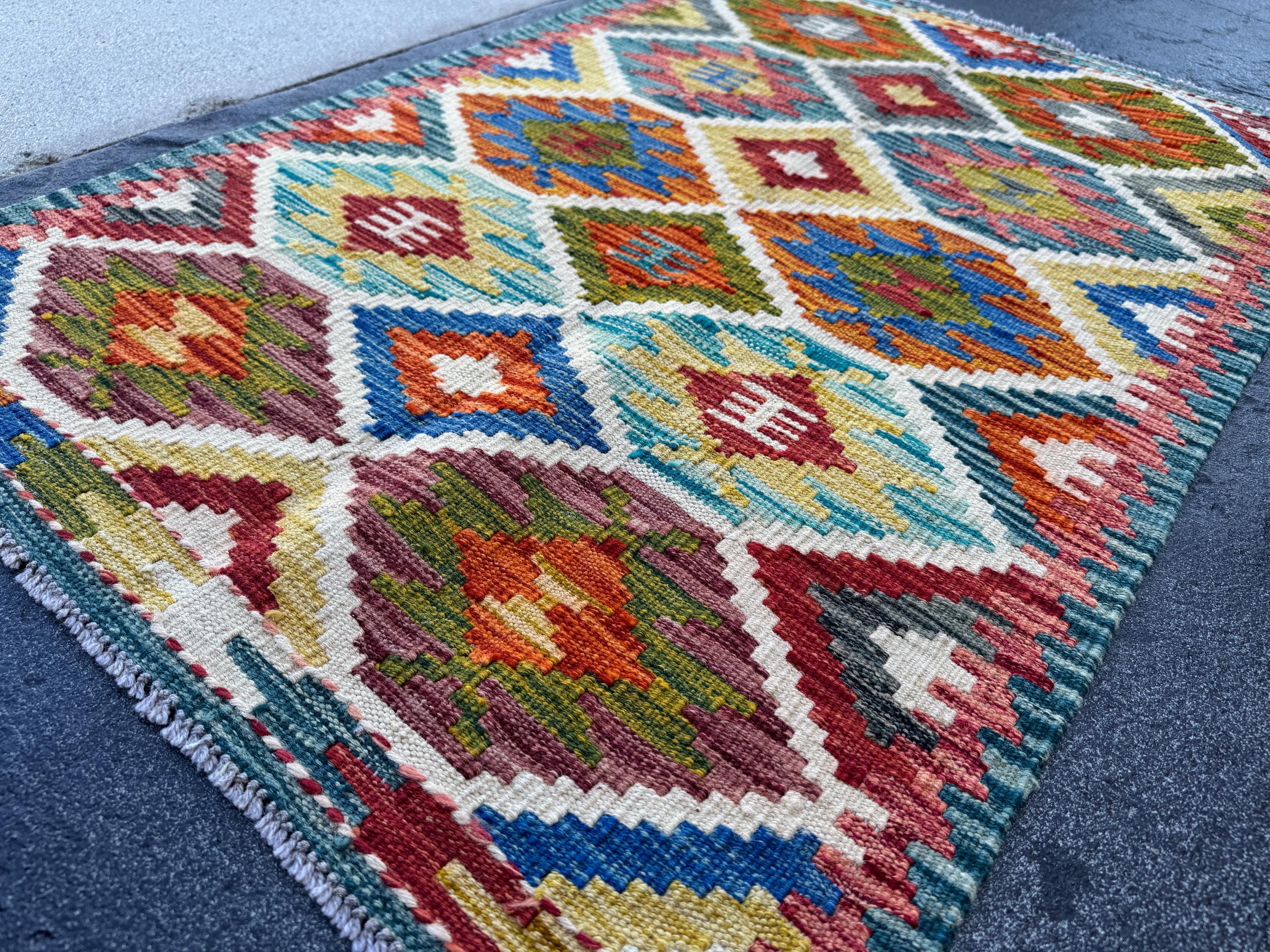 3x4 Handmade Afghan Kilim Rug | Burnt Orange Rust Red Cream White Mustard Yellow Olive Green Teal Aqua Blue Navy Purple Grey | Flatwoven