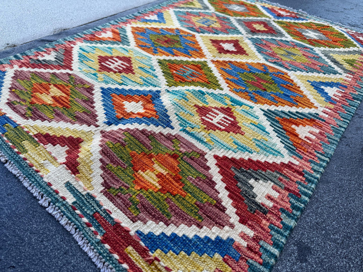 3x4 Handmade Afghan Kilim Rug | Burnt Orange Rust Red Cream White Mustard Yellow Olive Green Teal Aqua Blue Navy Purple Grey | Flatwoven