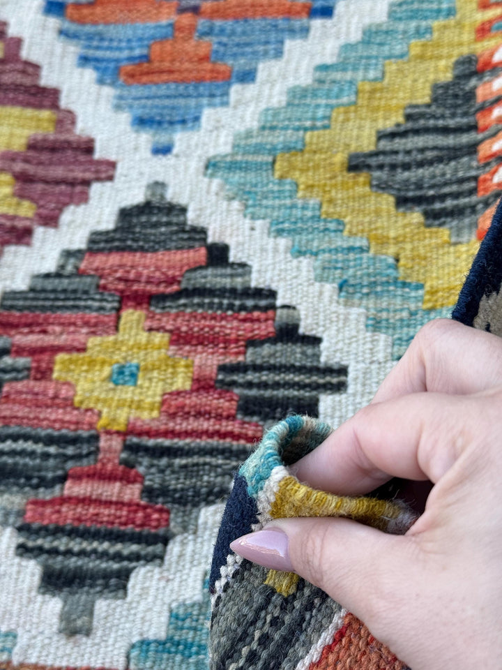 3x4 Handmade Afghan Kilim Rug | Cream Rust Red Burnt Orange Mustard Yellow Olive Green Teal Aqua Blue Navy Purple Grey | Wool Flatwoven
