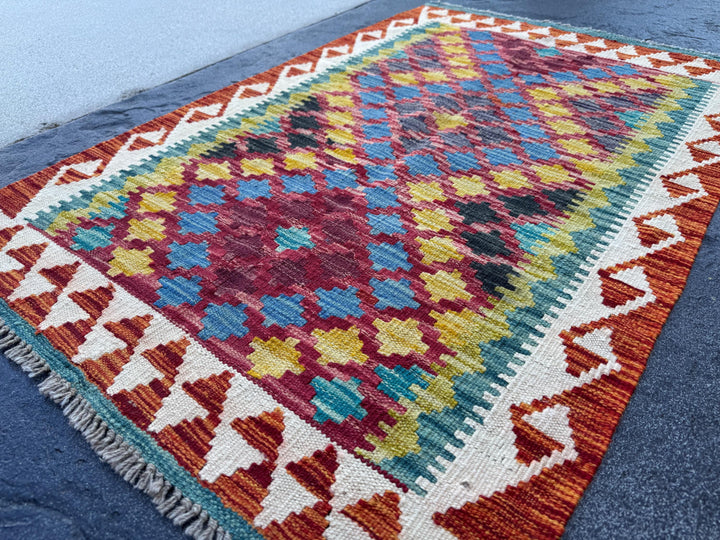 3x4 Handmade Afghan Kilim Rug | Burgundy Red Rust Burnt Orange Mustard Yellow Teal Aqua Blue Cream White Navy Olive Green Black | Flatwoven