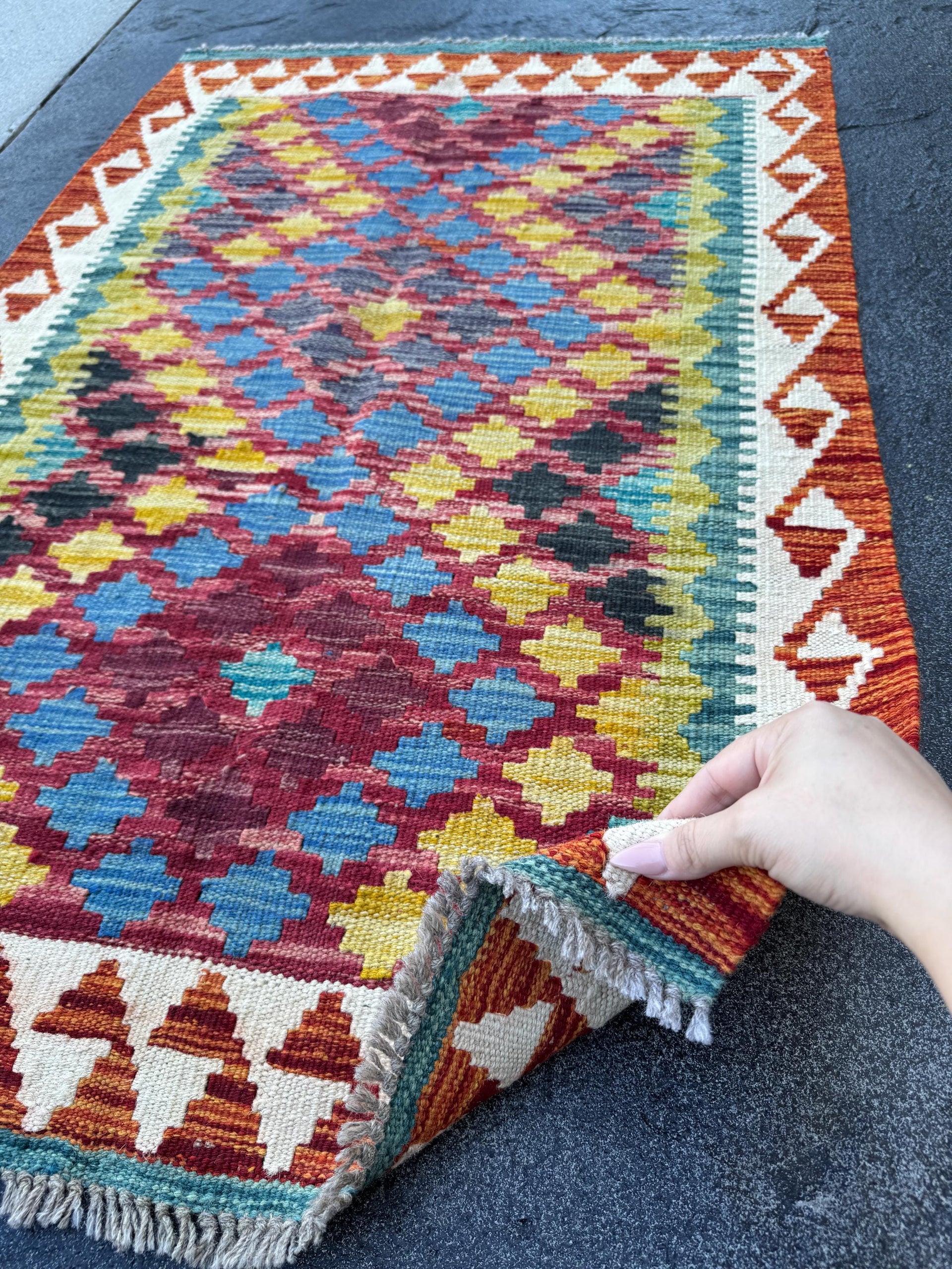 3x4 Handmade Afghan Kilim Rug | Burgundy Red Rust Burnt Orange Mustard Yellow Teal Aqua Blue Cream White Navy Olive Green Black | Flatwoven