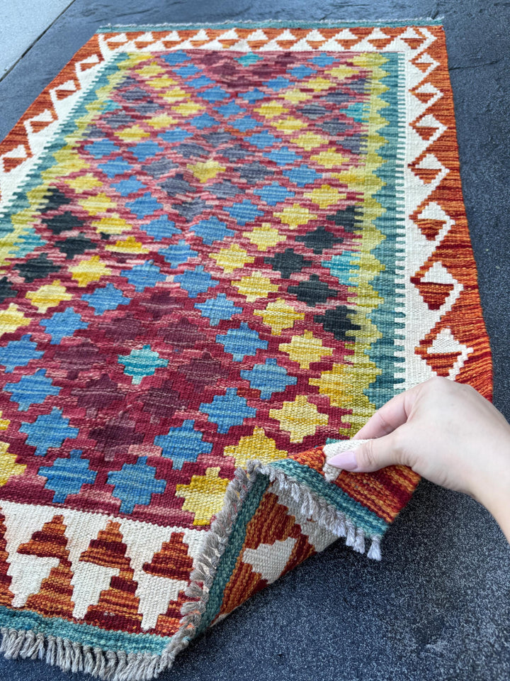 3x4 Handmade Afghan Kilim Rug | Burgundy Red Rust Burnt Orange Mustard Yellow Teal Aqua Blue Cream White Navy Olive Green Black | Flatwoven