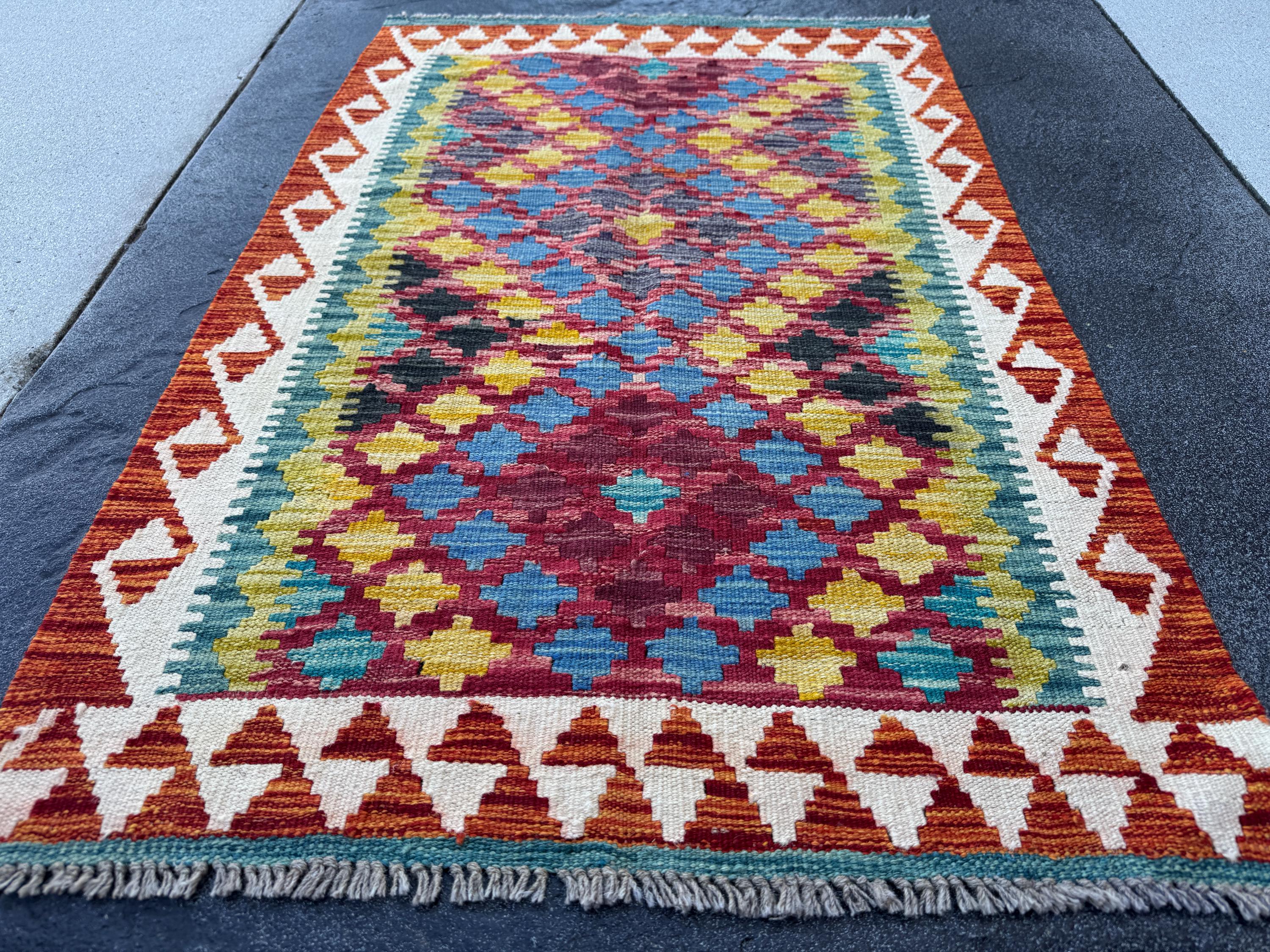 3x4 Handmade Afghan Kilim Rug | Burgundy Red Rust Burnt Orange Mustard Yellow Teal Aqua Blue Cream White Navy Olive Green Black | Flatwoven