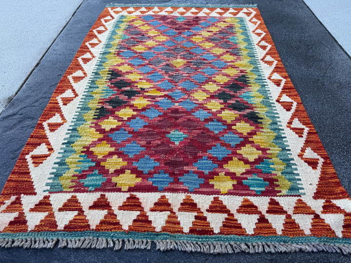 3x4 Handmade Afghan Kilim Rug | Burgundy Red Rust Burnt Orange Mustard Yellow Teal Aqua Blue Cream White Navy Olive Green Black | Flatwoven