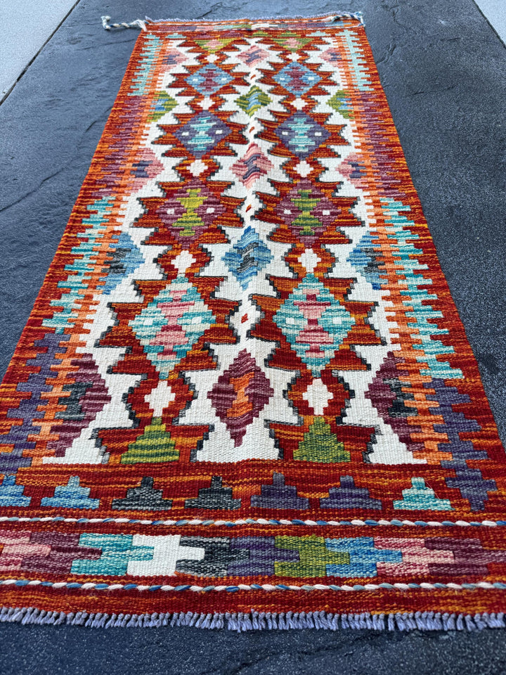 2x5 Handmade Afghan Kilim Runner Rug | Rust Red Burnt Orange Cream White Mustard Yellow Olive Green Teal Aqua Blue Navy Purple Grey | Wool