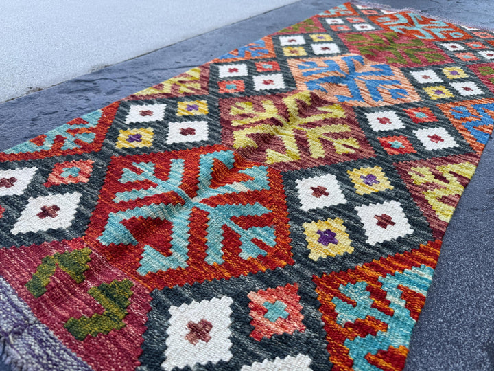 2x5 Handmade Afghan Kilim Runner Rug | Rust Red Charcoal Grey Burnt Orange Cream White Mustard Yellow Olive Green Teal Aqua Blue Navy Purple
