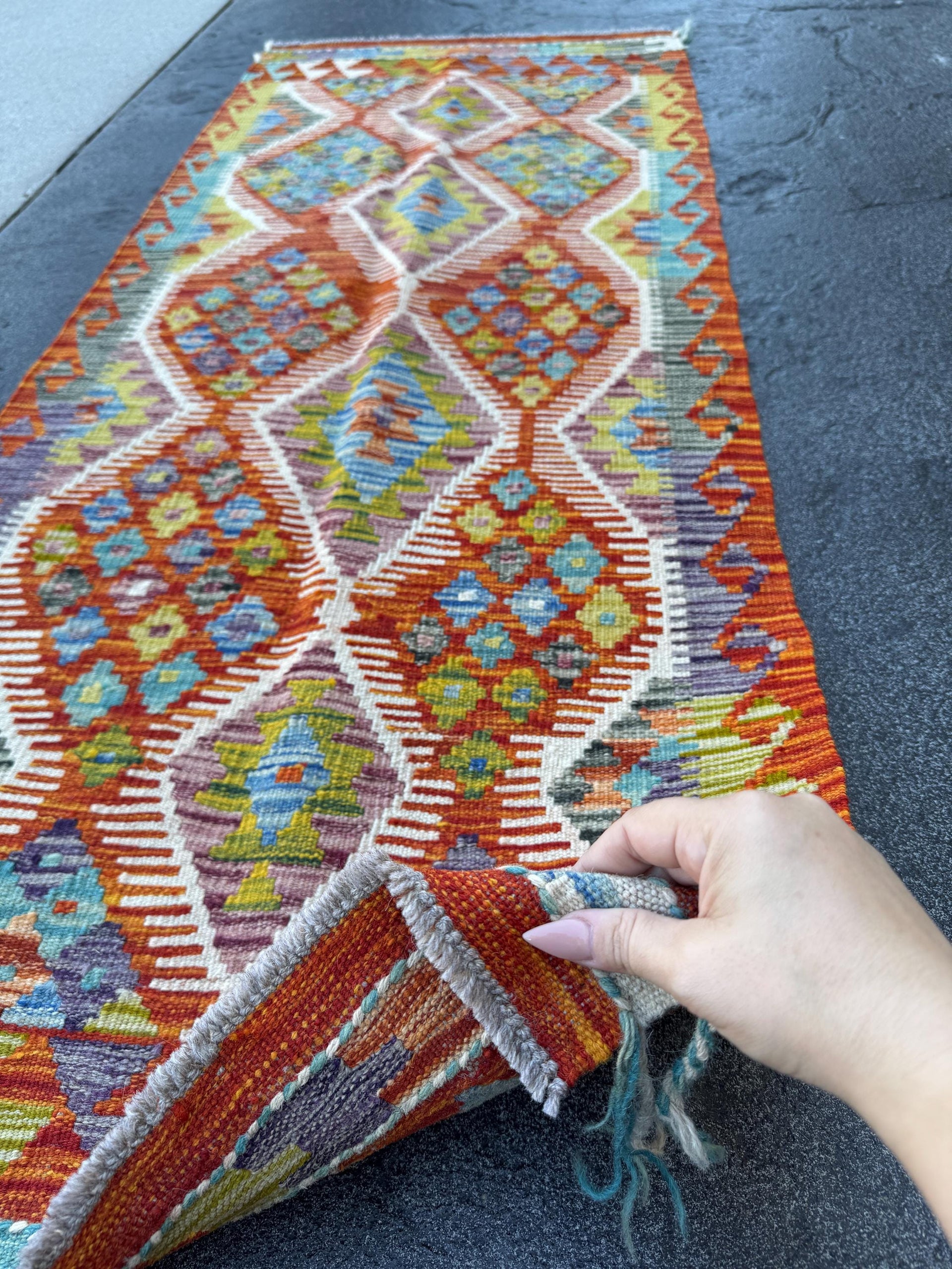 2x5 Handmade Afghan Kilim Runner Rug | Burnt Orange Rust Red Cream White Mustard Yellow Olive Green Teal Aqua Blue Navy Purple Grey | Wool