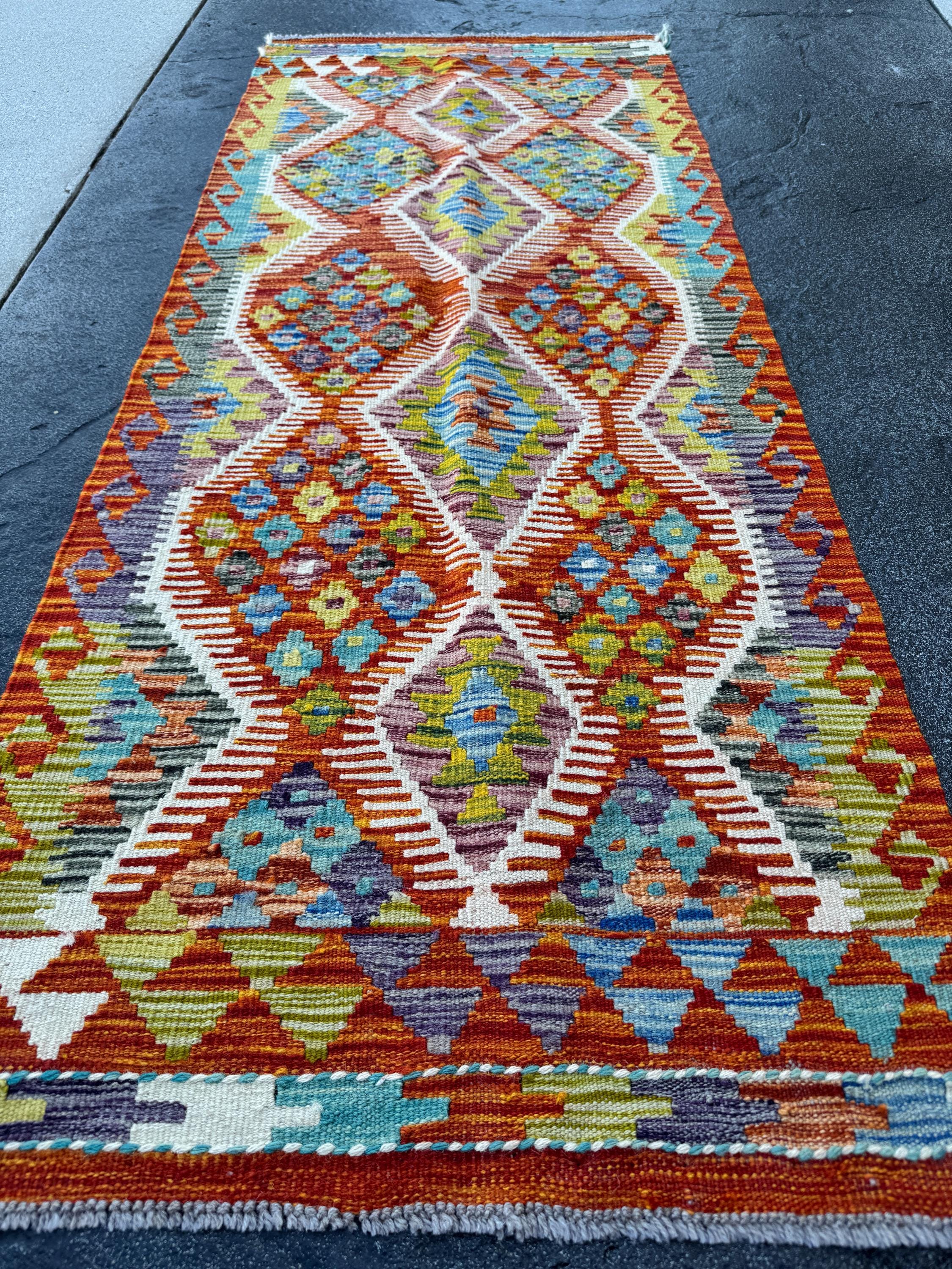 2x5 Handmade Afghan Kilim Runner Rug | Burnt Orange Rust Red Cream White Mustard Yellow Olive Green Teal Aqua Blue Navy Purple Grey | Wool