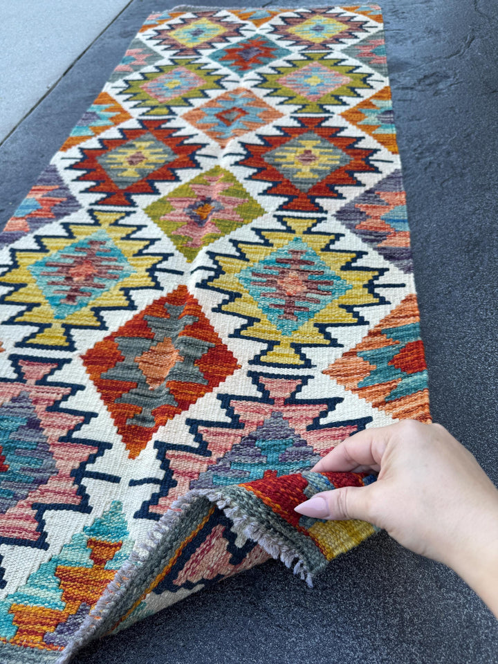 2x5 Handmade Afghan Kilim Runner Rug | Cream White Rust Red Mustard Yellow Olive Green Teal Aqua Blue Navy Purple Burnt Orange Grey | Wool