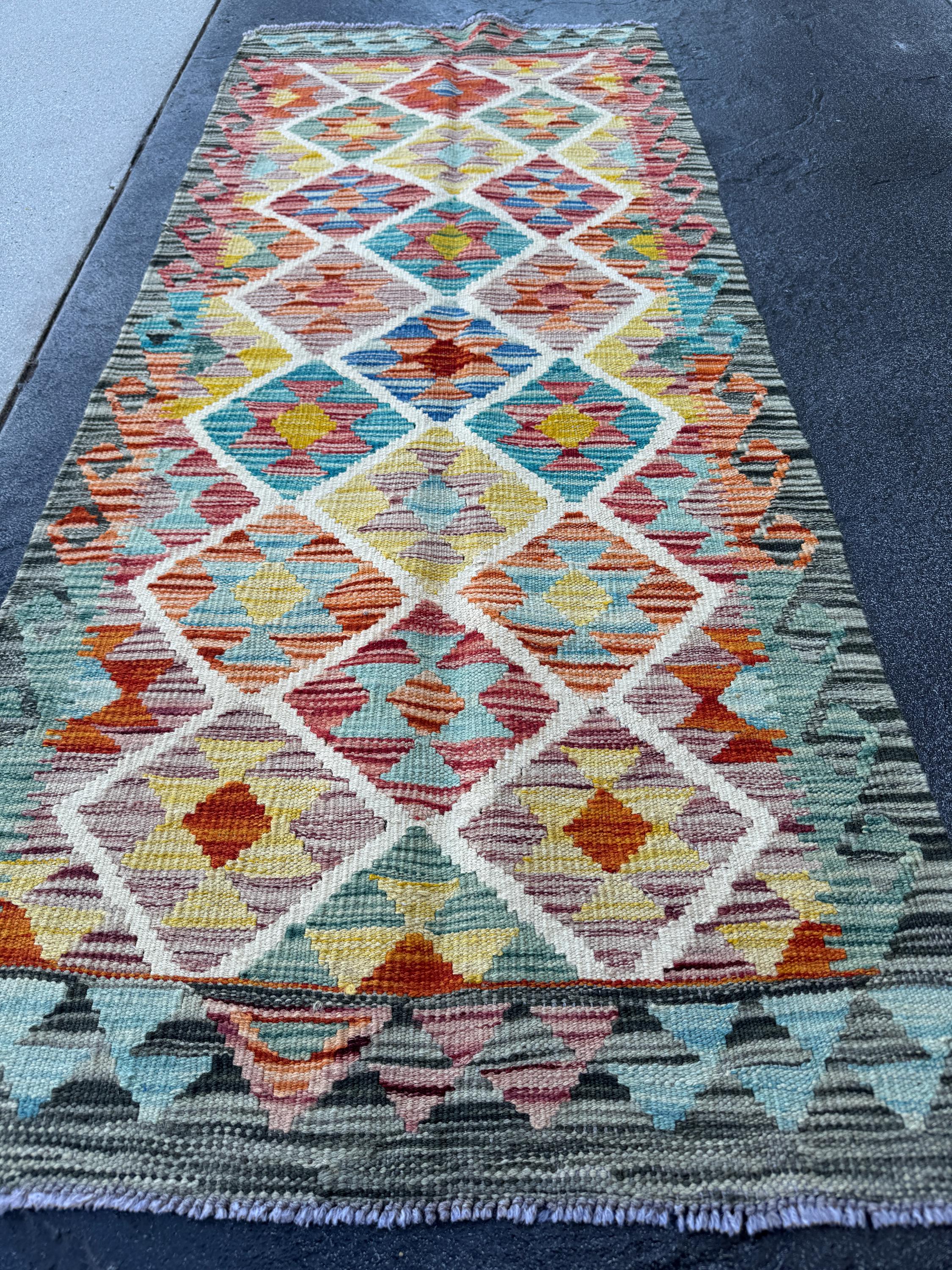 2x5 Handmade Afghan Kilim Runner Rug | Sage Green Rust Red Burnt Orange Mustard Yellow Teal Aqua Blue Cream White Plum Grey Navy | Wool