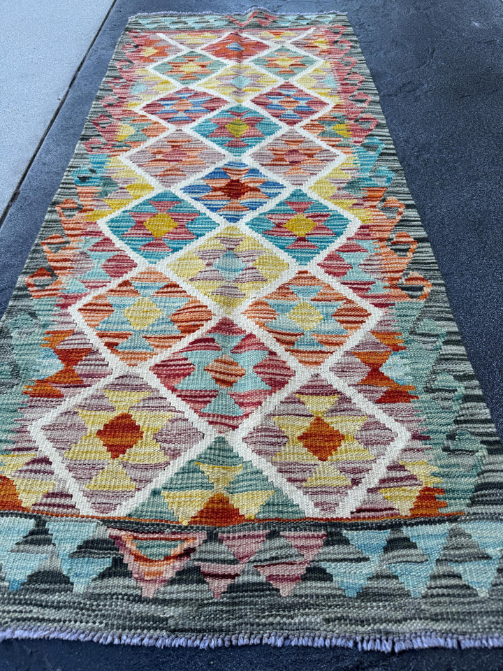 2x5 Handmade Afghan Kilim Runner Rug | Sage Green Rust Red Burnt Orange Mustard Yellow Teal Aqua Blue Cream White Plum Grey Navy | Wool