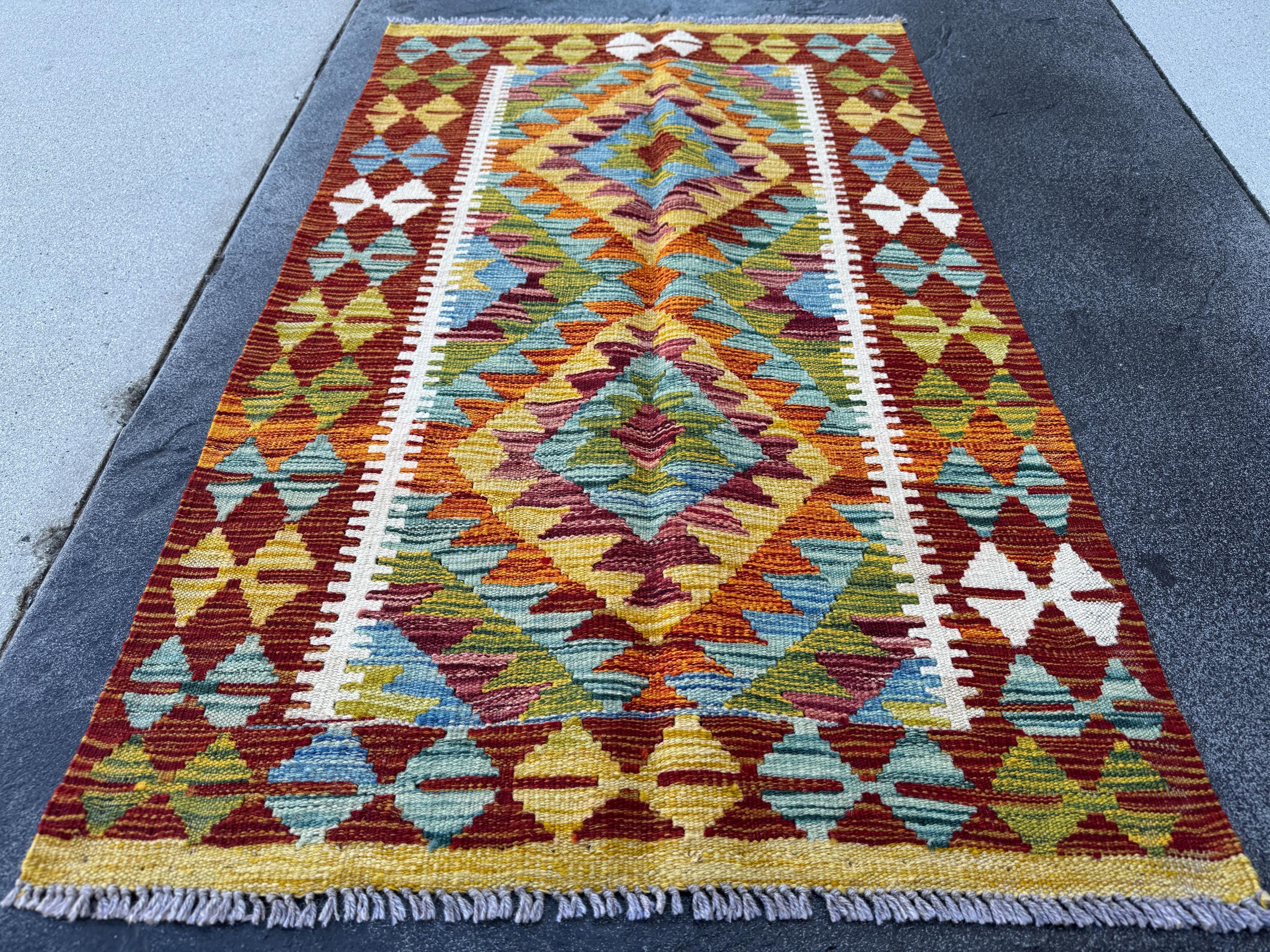 3x4 Handmade Afghan Kilim Rug | Rust Red Burnt Orange Mustard Yellow Olive Green Teal Aqua Blue Cream White Burgundy Purple Grey | Flatwoven