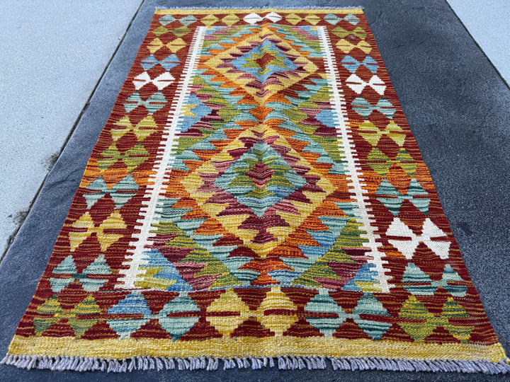 3x4 Handmade Afghan Kilim Rug | Rust Red Burnt Orange Mustard Yellow Olive Green Teal Aqua Blue Cream White Burgundy Purple Grey | Flatwoven