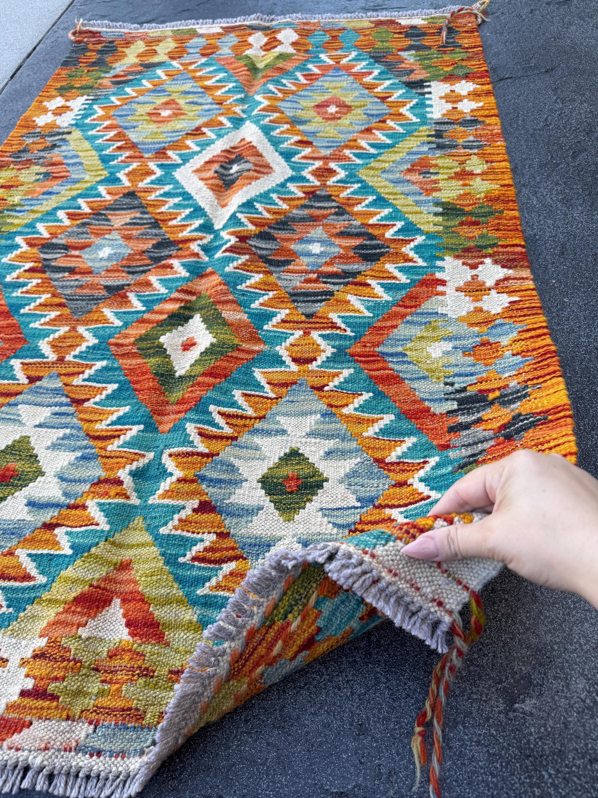 3x4 Handmade Afghan Kilim Rug | Burnt Orange Teal Cream White Mustard Yellow Olive Green Rust Red Aqua Blue Navy Grey | Wool Flatwoven