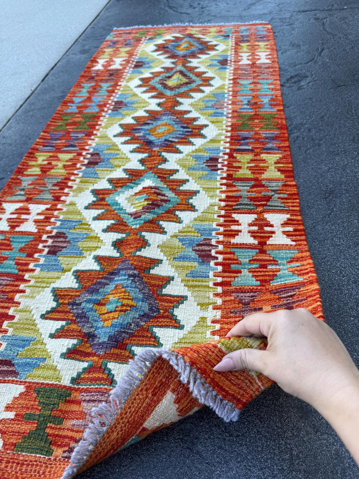 2x5 Handmade Afghan Kilim Runner Rug | Burnt Orange Rust Red Cream White Mustard Yellow Olive Green Aqua Blue Teal Navy Purple Grey | Wool