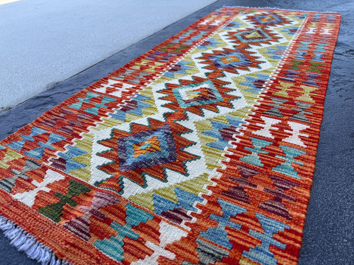 2x5 Handmade Afghan Kilim Runner Rug | Burnt Orange Rust Red Cream White Mustard Yellow Olive Green Aqua Blue Teal Navy Purple Grey | Wool