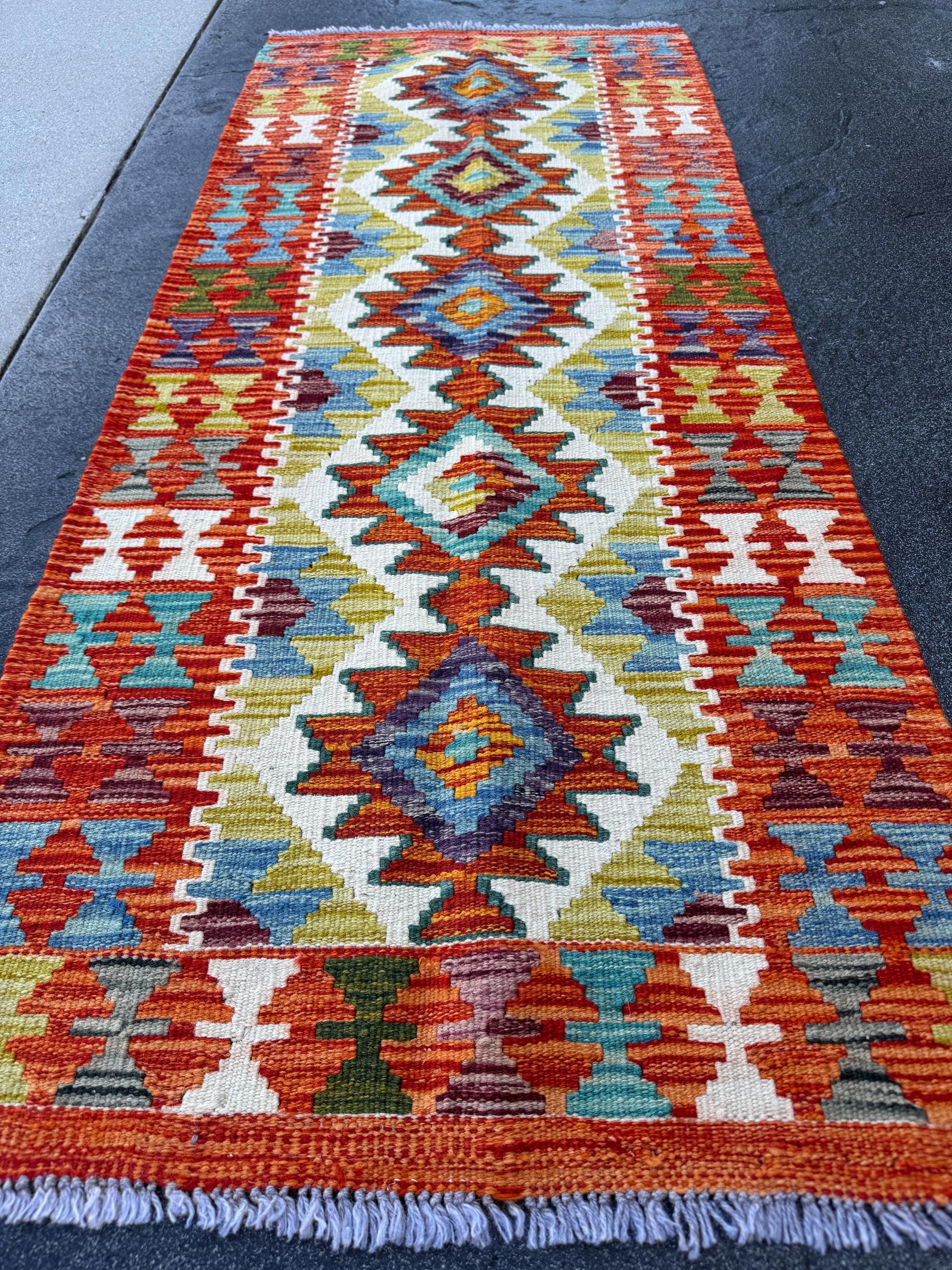2x5 Handmade Afghan Kilim Runner Rug | Burnt Orange Rust Red Cream White Mustard Yellow Olive Green Aqua Blue Teal Navy Purple Grey | Wool