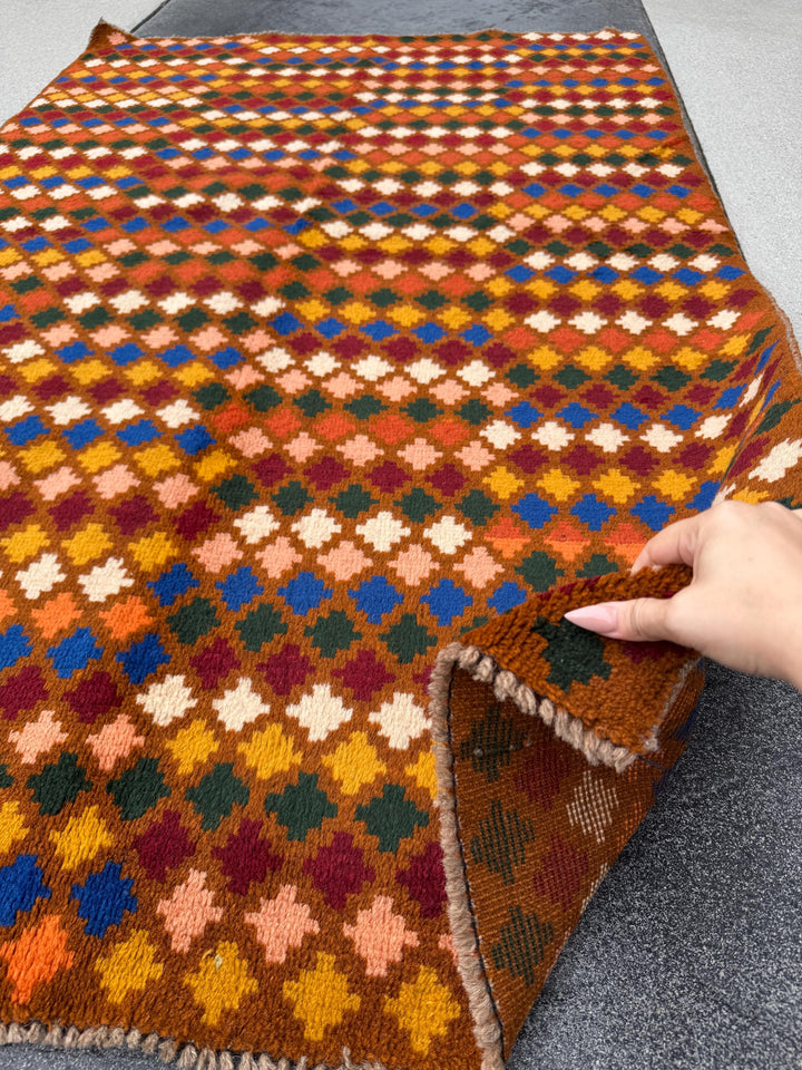 4x7 Handmade Vintage Afghan Baluch Rug | Chocolate BRown Burnt Orange Mustard Yellow Maroon Forest Green Navy Blue Cream Peach Rust Red