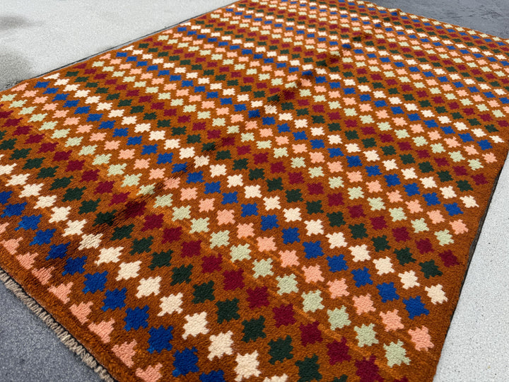 4x6 Handmade Vintage Afghan Baluch Rug | Copper Brown Cream White Forest Green Maroon Navy Blue Mustard Yellow Peach | Wool Flatwoven