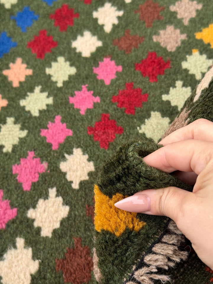 4x6 Handmade Vintage Afghan Baluch Rug | Olive Green Rust Red Burnt Orange Mustard Yellow Cream White Navy Blue Pink Peach | Wool Flatwoven