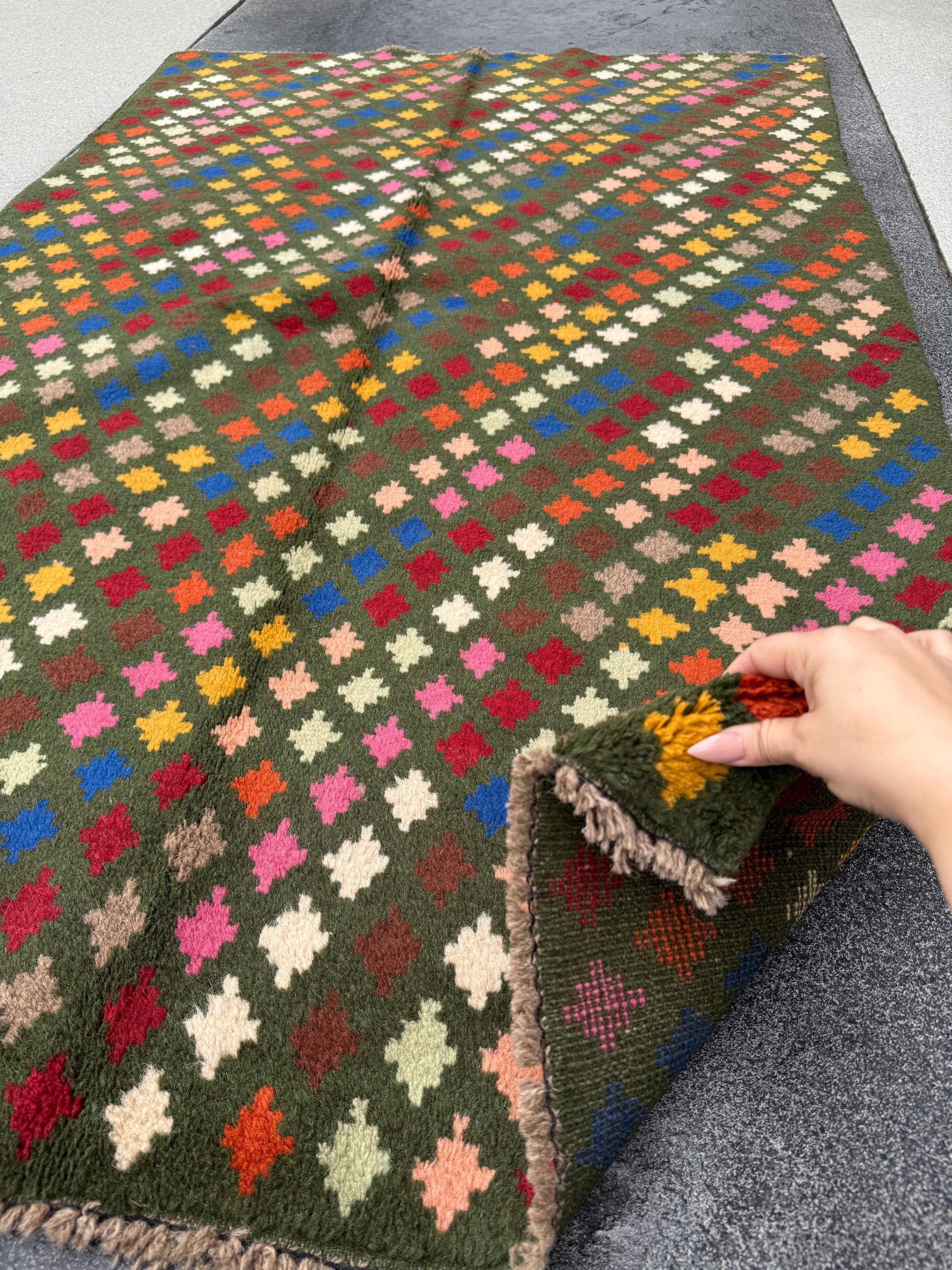 4x6 Handmade Vintage Afghan Baluch Rug | Olive Green Rust Red Burnt Orange Mustard Yellow Cream White Navy Blue Pink Peach | Wool Flatwoven