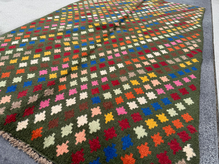 4x6 Handmade Vintage Afghan Baluch Rug | Olive Green Rust Red Burnt Orange Mustard Yellow Cream White Navy Blue Pink Peach | Wool Flatwoven