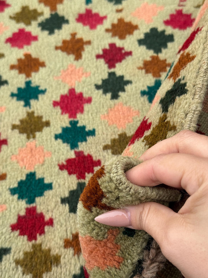 4x6 Handmade Vintage Afghan Baluch Rug | Mint Olive Green Cream Rust Red Burnt Orange Teal Aqua Blue Mustard Yellow | Wool Flatwoven