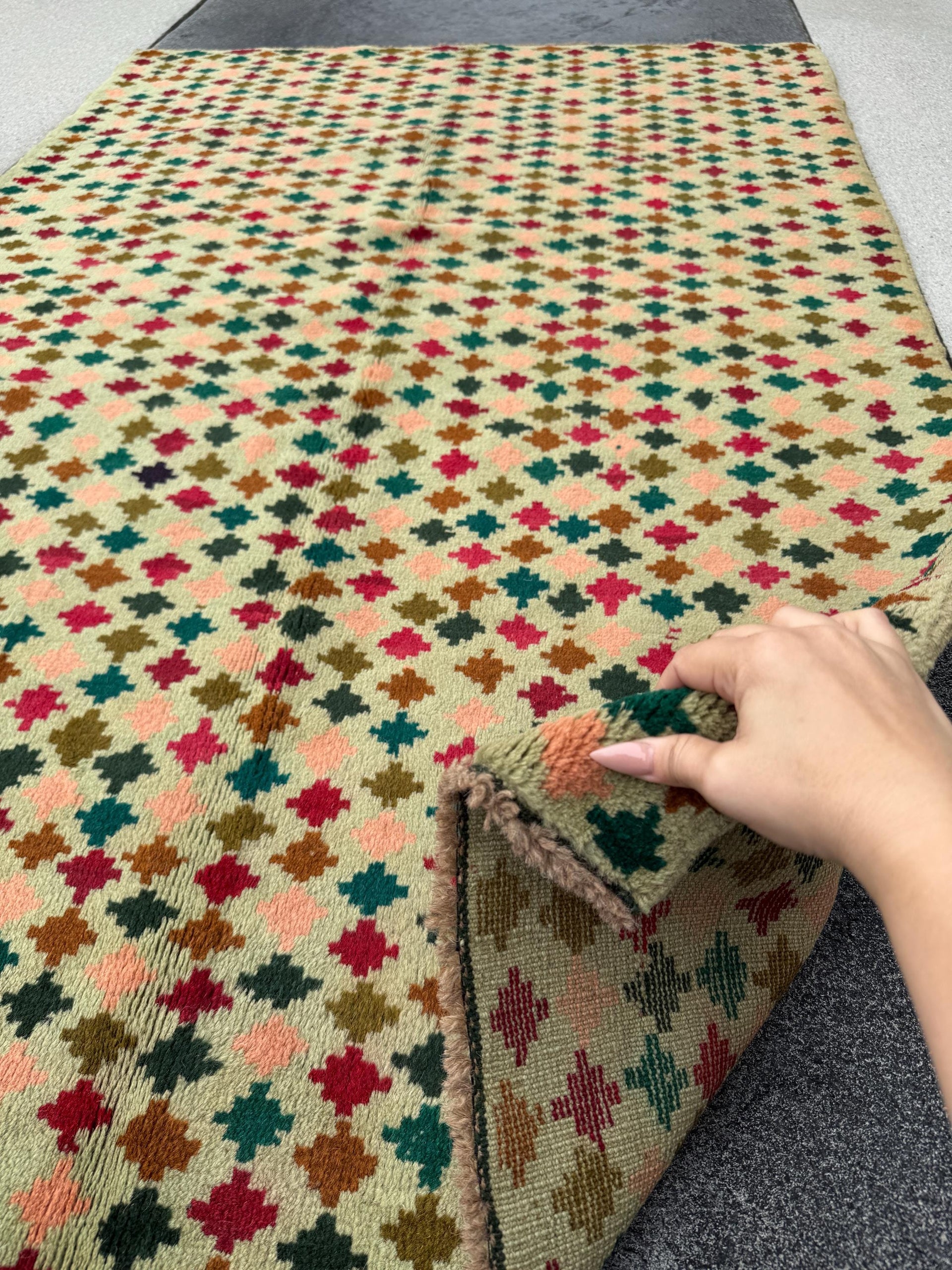4x6 Handmade Vintage Afghan Baluch Rug | Mint Olive Green Cream Rust Red Burnt Orange Teal Aqua Blue Mustard Yellow | Wool Flatwoven