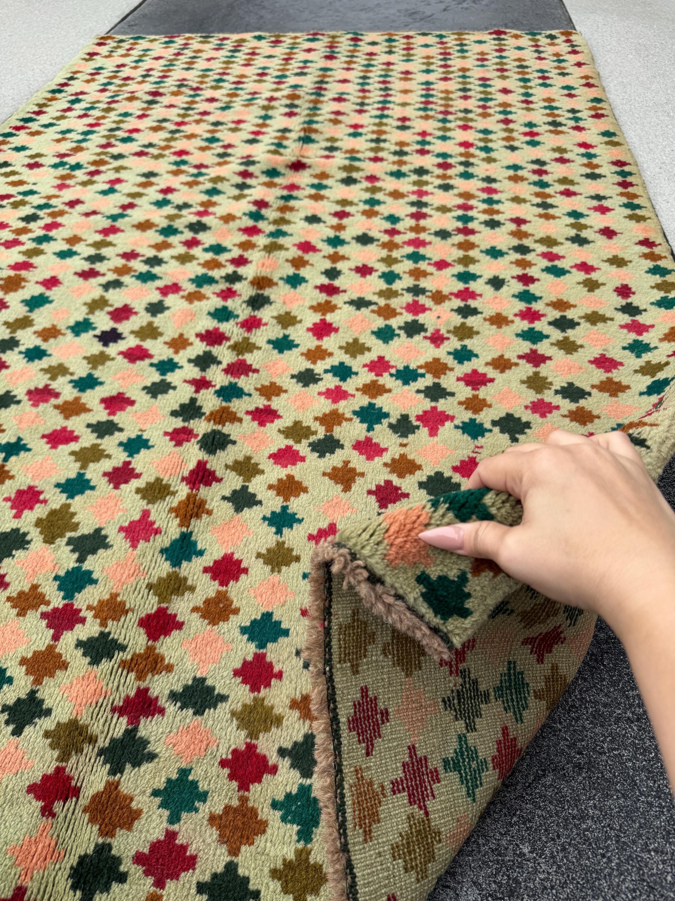 4x6 Handmade Vintage Afghan Baluch Rug | Mint Olive Green Cream Rust Red Burnt Orange Teal Aqua Blue Mustard Yellow | Wool Flatwoven
