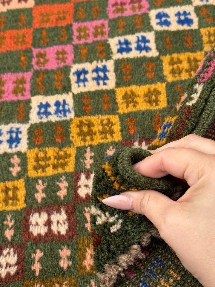 4x6 Handmade Green and Multicolor Wool Rug | Vintage Afghan Baluch Small Area Carpet