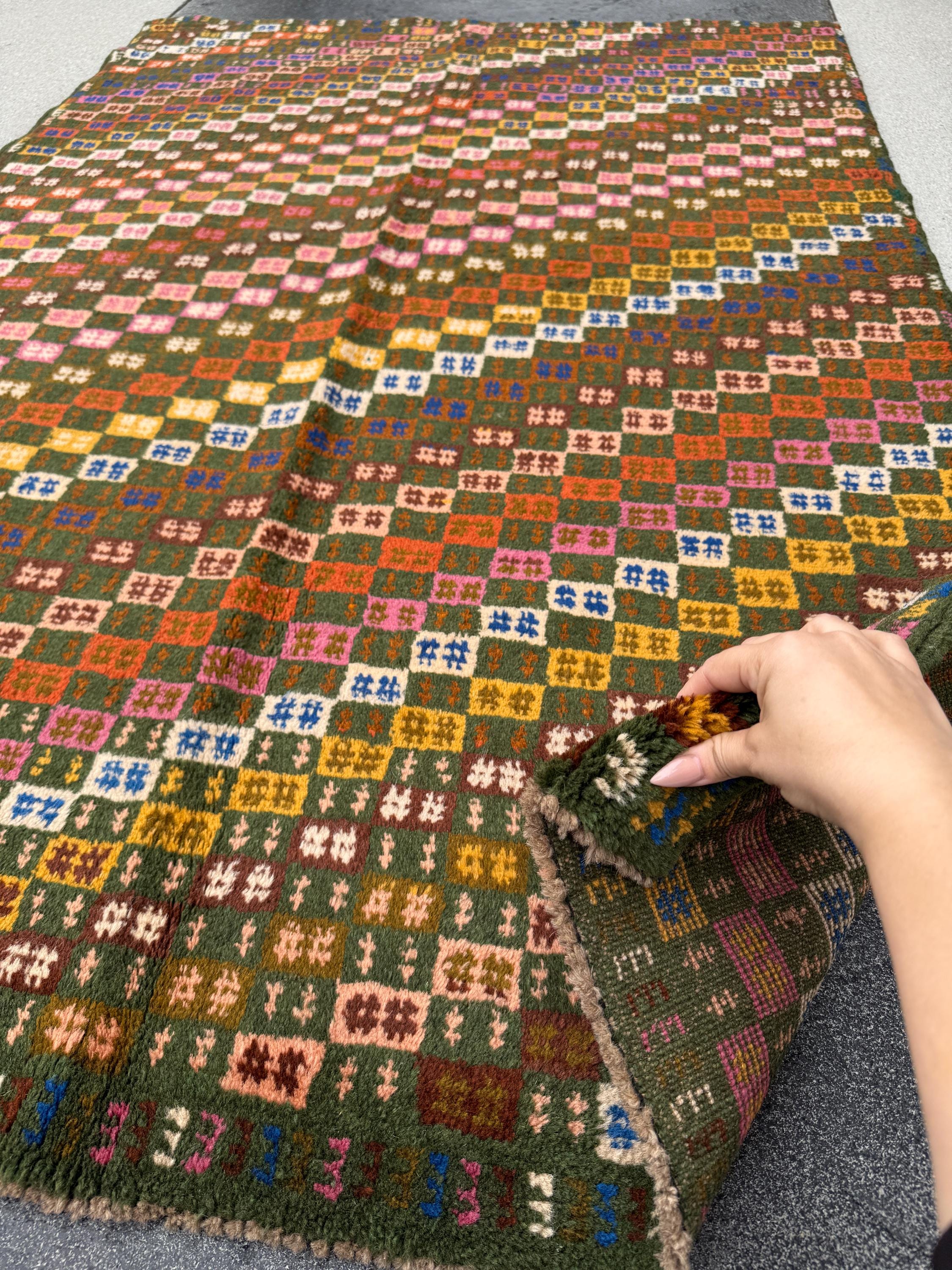 4x6 Handmade Green and Multicolor Wool Rug | Vintage Afghan Baluch Small Area Carpet