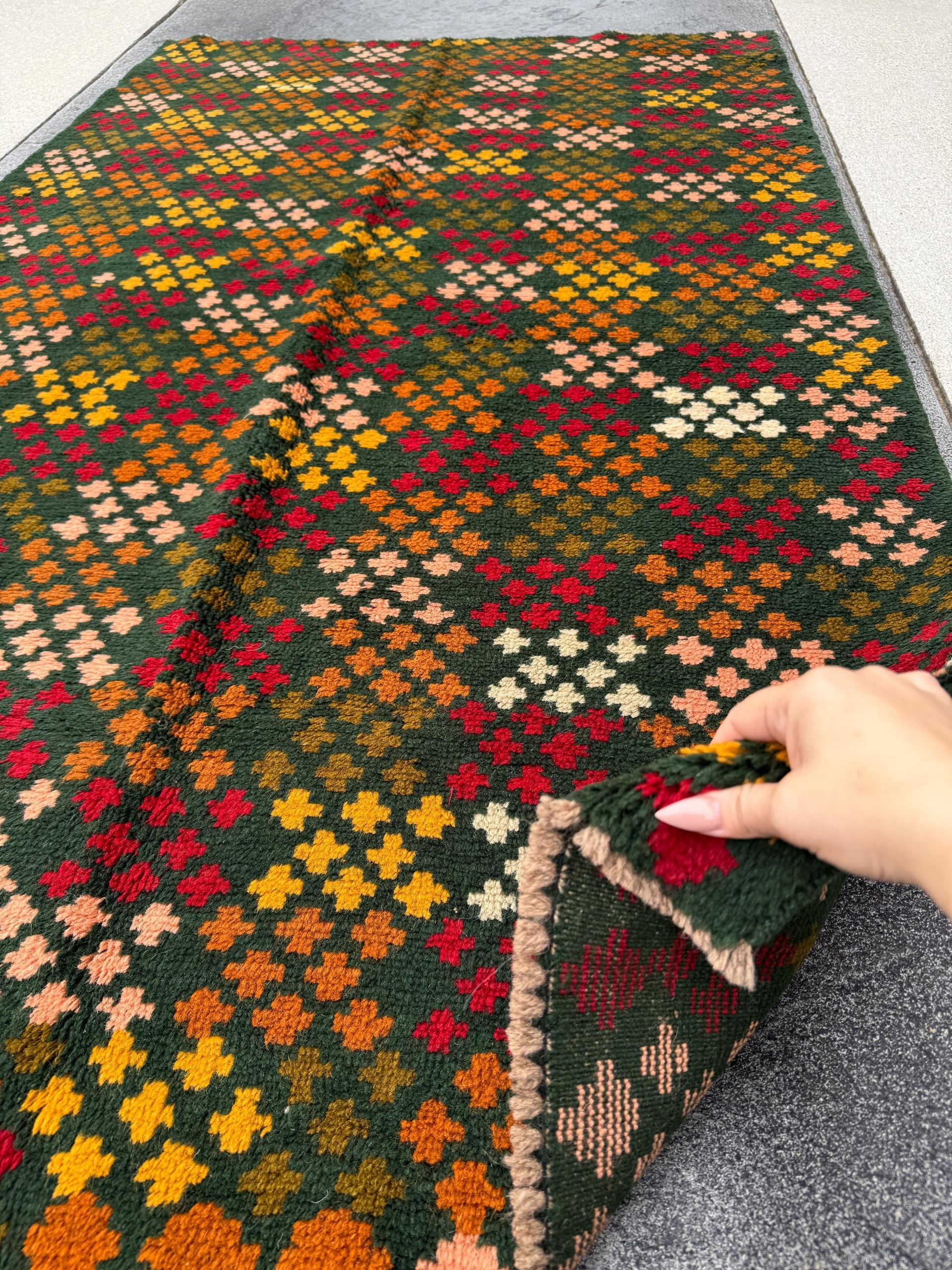 4x6 Handmade Vintage Afghan Baluch Rug | Forest Green Rust Red Burnt Orange Mustard Yellow Cream White Olive Green Peach | Wool Flatwoven