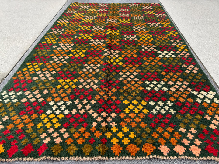 4x6 Handmade Vintage Afghan Baluch Rug | Forest Green Rust Red Burnt Orange Mustard Yellow Cream White Olive Green Peach | Wool Flatwoven