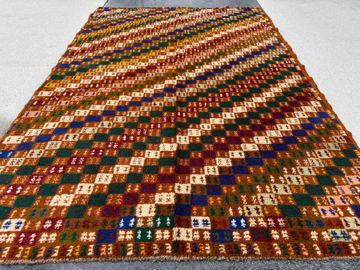 4x6 Handmade Vintage Afghan Baluch Rug | Copper Brown Rust Red Cream Mustard Yellow Olive Mint Green Navy Blue Maroon Peach | Wool Flatwoven