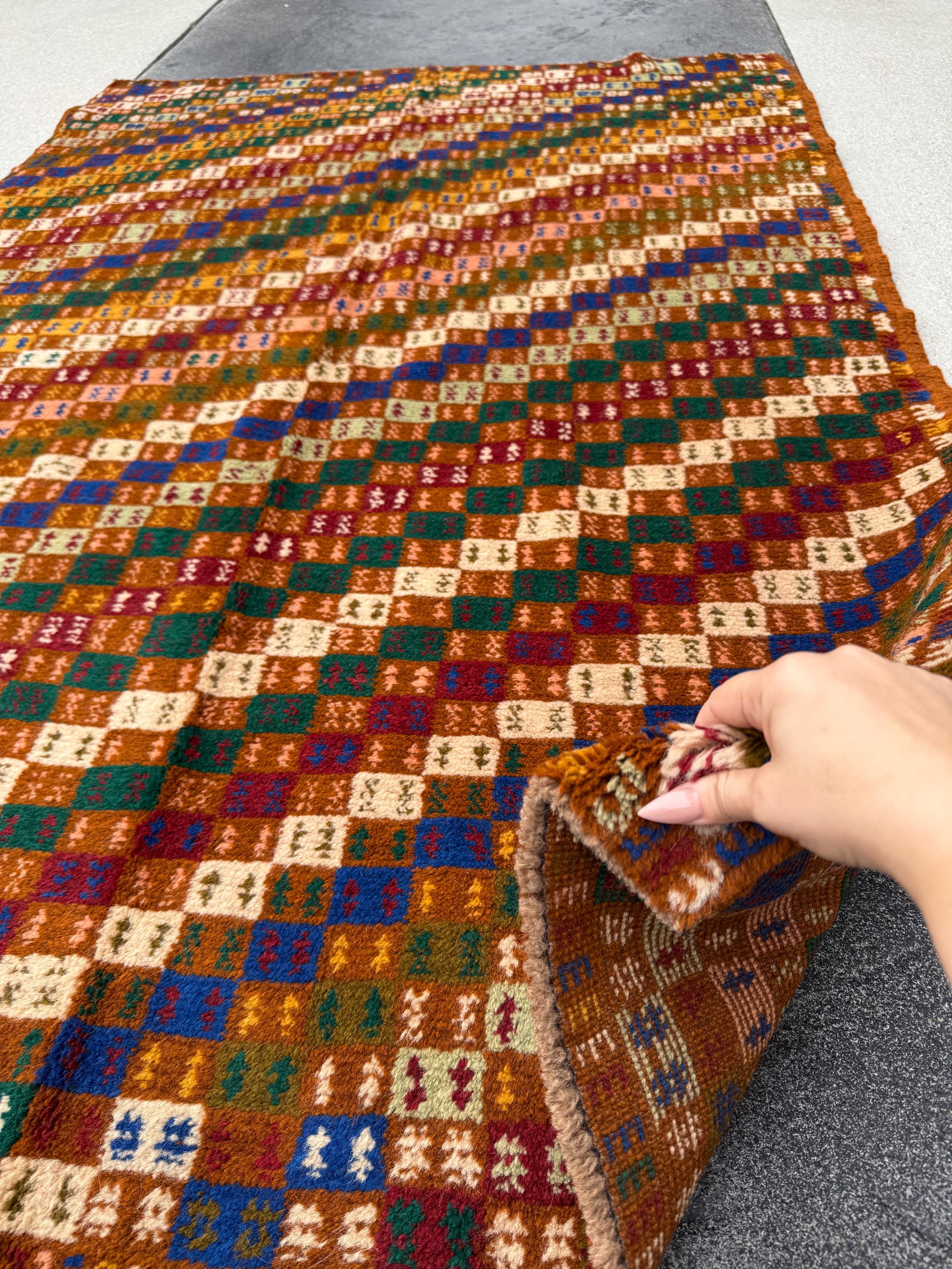 4x6 Handmade Vintage Afghan Baluch Rug | Copper Brown Rust Red Cream Mustard Yellow Olive Mint Green Navy Blue Maroon Peach | Wool Flatwoven