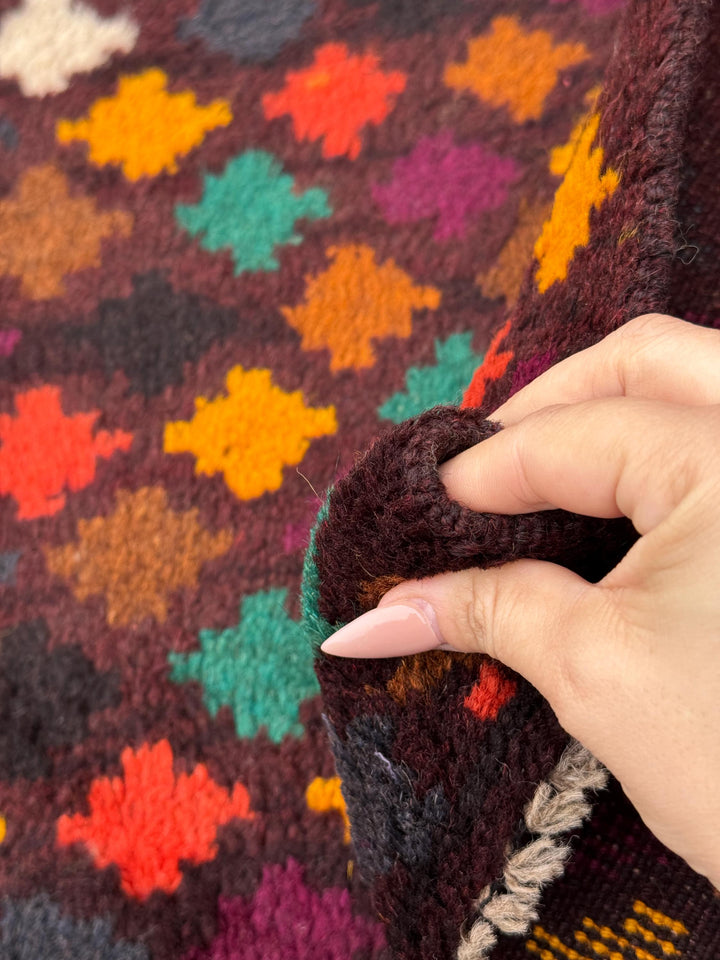 4x6 Handmade Vintage Afghan Baluch Rug | Chocolate Brown Rust Red Burnt Orange Mustard Yellow Cream White Olive Green Teal Purple | Wool