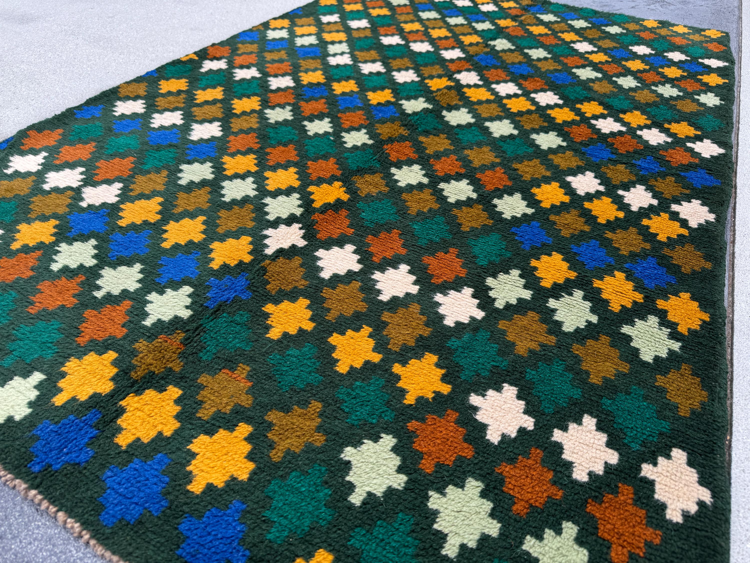 4x6 Handmade Vintage Afghan Baluch Rug | Forest Green Mustard Yellow Cream White Rust Red Burnt Orange Olive Green Teal Aqua Blue | Wool