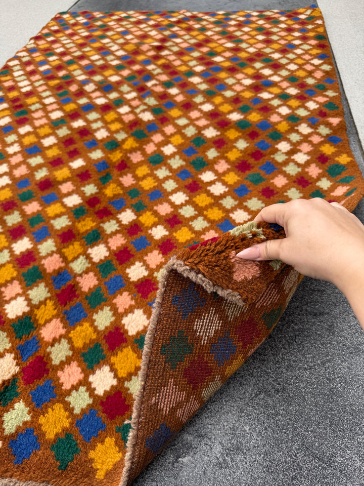 4x6 Handmade Vintage Afghan Baluch Rug | Copper Brown Rust Red Cream White Mustard Yellow Olive Green Teal Aqua Blue Navy Peach | Wool
