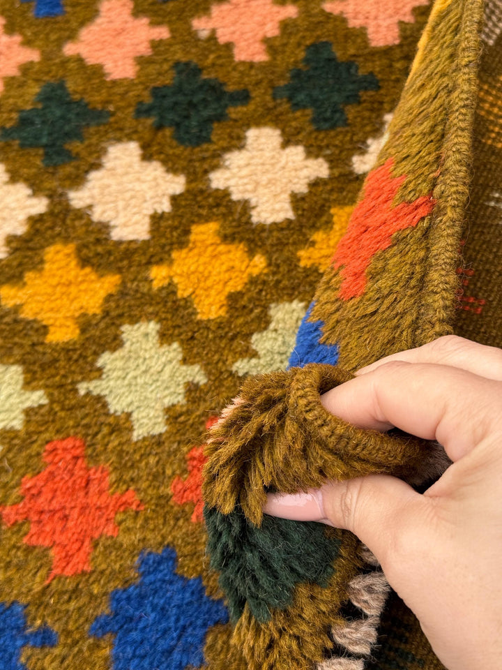4x6 Handmade Vintage Afghan Baluch Rug | Olive Green Mustard Yellow Cream Peach Red Blue Rust Brown | Wool Flatwoven