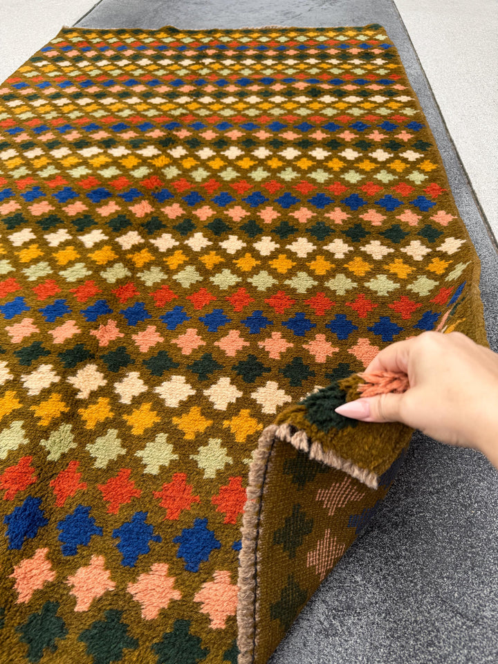4x6 Handmade Vintage Afghan Baluch Rug | Olive Green Mustard Yellow Cream Peach Red Blue Rust Brown | Wool Flatwoven