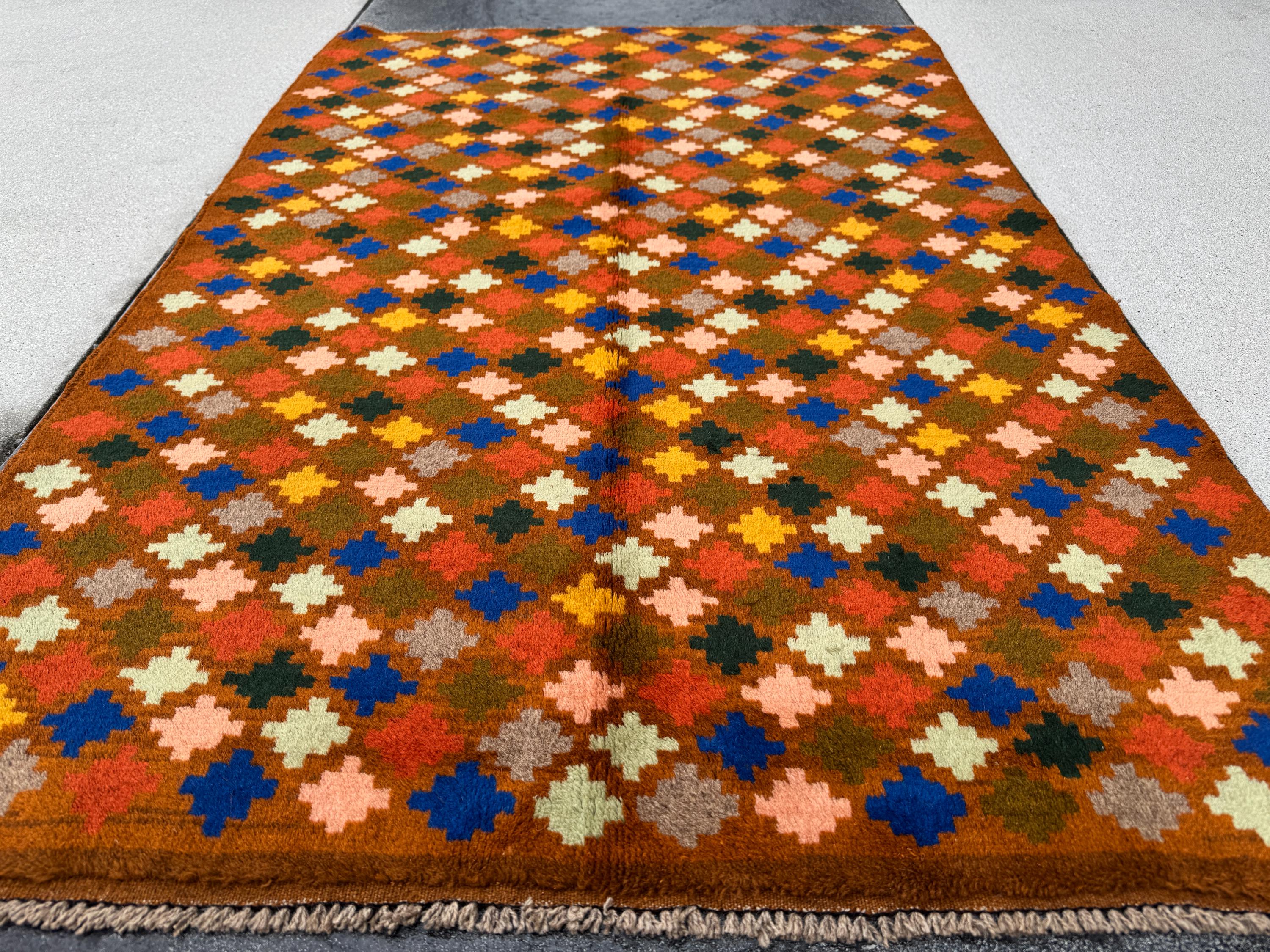 4x6 Handmade Vintage Afghan Baluch Rug | Copper Brown Burnt Orange Rust Red Mustard Yellow Cream Peach Olive Green Navy Blue Grey | Wool