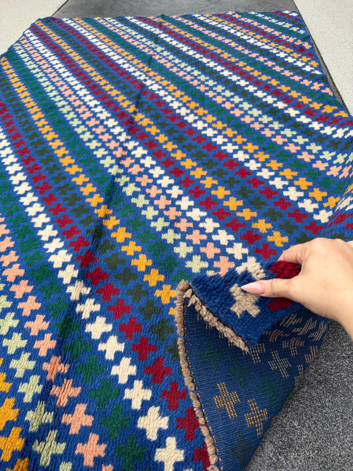 4x6 Handmade Vintage Afghan Baluch Rug | Royal Blue Rust Red Green Mustard Yellow Cream Pink Peach White Olive Navy | Wool Flatwoven