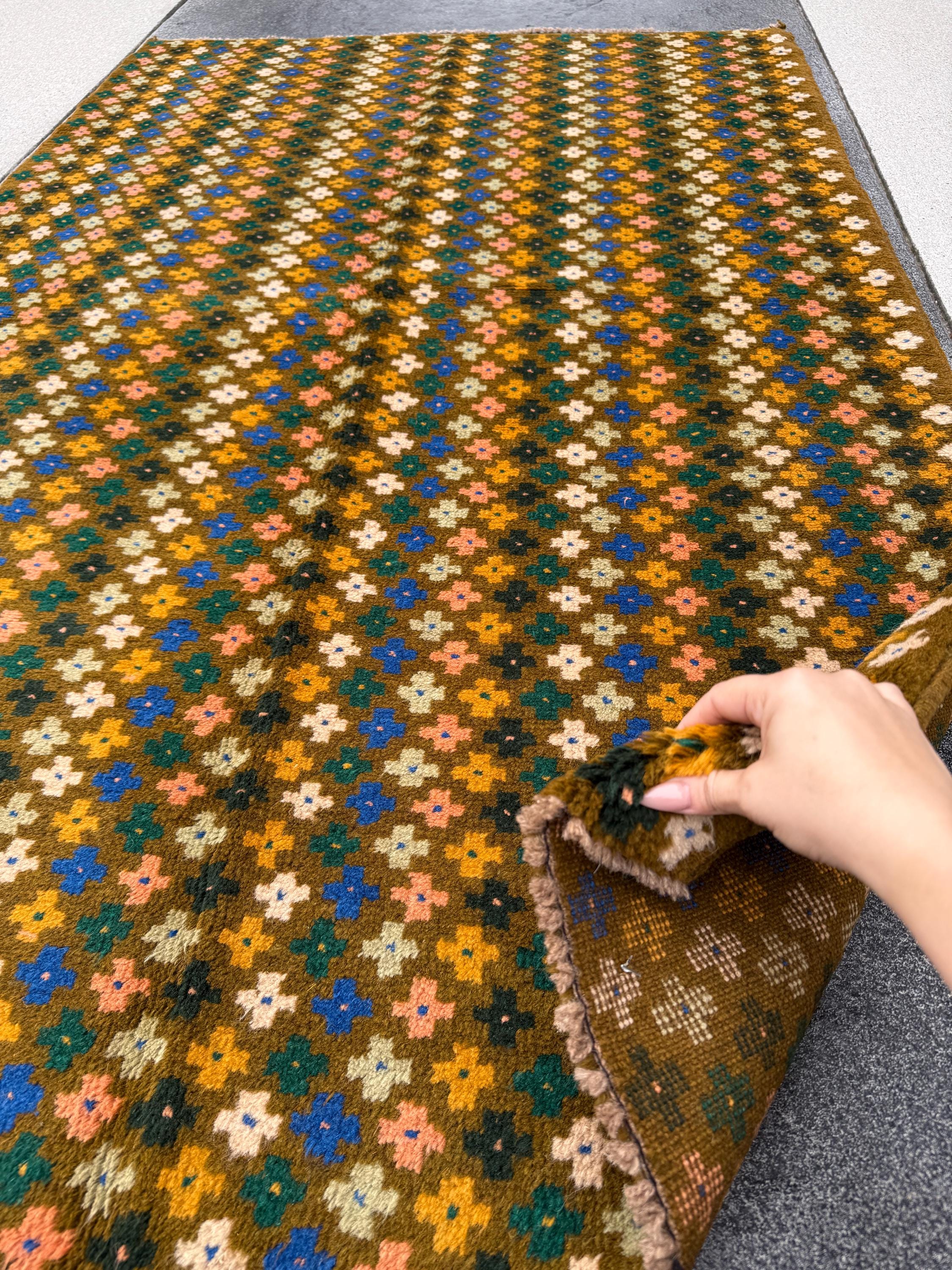 4x6 Handmade Vintage Afghan Baluch Rug | Olive Mint Pine Green Mustard Yellow Black Peach Cream White Navy Blue Teal Red | Wool Flatwoven